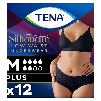 Image of TENA Silhouette Plus Pants Low Waist Underwear, Black, Medium Size, 100% Protection, Close Fit Women Incontinence Underwear 1 Pack of 12