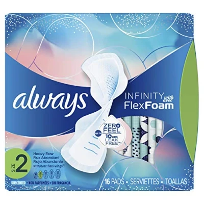 Image of Always Infinity Size 2 Feminine Pads with Wings, Super Absorbency, Unscented, 16 Count (packaging may vary)