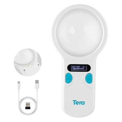 Image of Tera Pet Microchip Reader Scanner with Magnifying Lens Module Animal Chip ID OLED Display Screen Rechargeable Data Storage Tag for Dogs Cat Management White