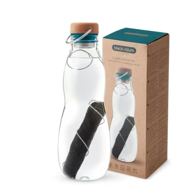 Image of Black+Blum Eau Good Glass Water Bottle Leak Proof Borosilicate with Screw Fit Wood Fibre Lid, Carry Loop and Protective Sleeve Ocean 650ml