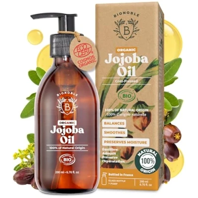 Image of Bionoble Organic Jojoba Oil 200ml 100% Pure, Natural and Cold Pressed Face, Body, Hair, Beard, Nails Vegan Cruelty Free Glass Bottle + Pump