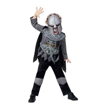 Image of Smiffys Deluxe Skeleton Knight Costume Top with EVA Chest, Cape, Trousers &amp; Mask, Halloween Child Fancy Dress, Dress Up Costumes