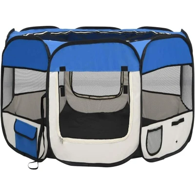 Image of vidaXL Foldable Dog Playpen, Portable Play Area, Blue and Cream, 90x90x58 cm, with Carrying Bag, Suitable for Training Resting