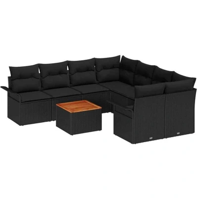 Image of vidaXL 9 Piece Garden Sofa Set with Cushions Black Poly Rattan Acacia