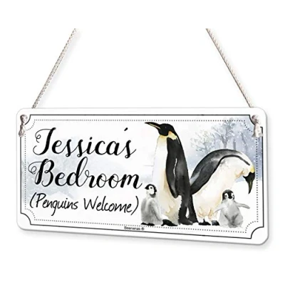 Image of Beenanas Penguins Welcome Personalised Childs Bedroom Door Sign Name Plaque