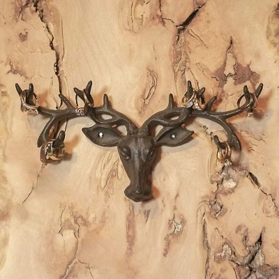 Image of Homezone Vintage Cast Iron Stag's Head Coat Hanger with 6 Antler Hooks Wall Mounted Antique Finish Metal Clothes Rack Key Holder Home Décor