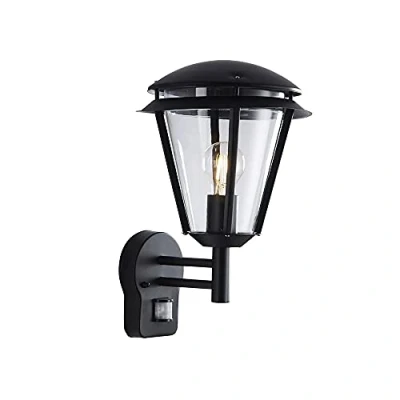 Image of Inova PIR 1 Light Outdoor Wall Lantern Matt Black, Clear Polycarbonate IP44, E27