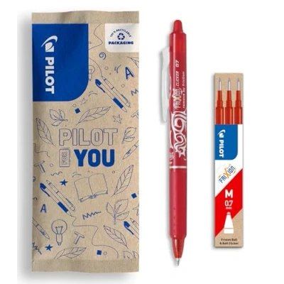 Image of PILOT Set of 1 Frixion Ball Clicker + 3 refills Erasable retractable pen with heat sensitive ink Refillable and ergonomic rollerball Red Medium tip