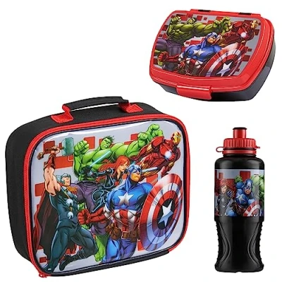Image of Marvel Kids Lunch Box 3 Piece Set Avengers Insulated Bag Snack 430ml Spiderman Water Bottle BPA Free School Travel Captain America Iron Man Thor (Multicolor Avengers)