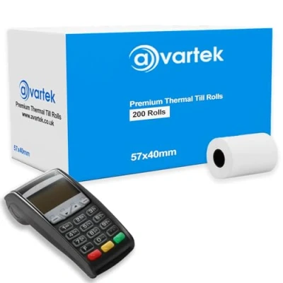 Image of 57 x 40mm Premium Thermal Paper Till Receipt Rolls for PDQ Credit Card Machine, POS, EPOS, Machines, Barclaycard, Verifone, Ingenico, Sagem, Spire, Pax, Worldpay [Pack of 200] AVARTEK