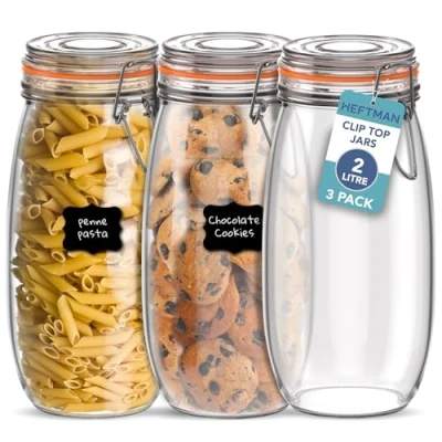 Image of HEFTMAN Clip Top Glass Jars Set of 3 2 Litre Airtight with Lids &amp; Silicone Seal for Pasta, Sourdough Starter, Chutney, Pickling, Kitchen Organisation Empty Food Storage Jar (3 Pack)