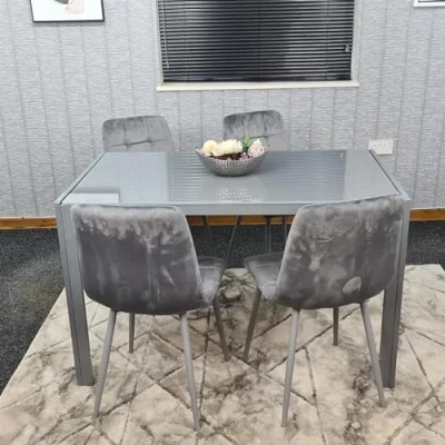 Image of KOSY KOALA Dining Table and 4 Grey Velvet Chairs Glass Room Furniture