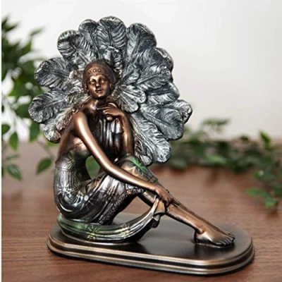 Image of Maisonica Art Deco Silhouette Bronze Sitting Lady Figurine Silver Dress Fan Ornament 21cm