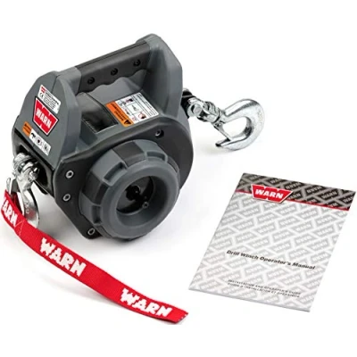Image of WARN 101570 Handheld Portable Drill Winch with 40 Foot Steel Wire Rope: 750 lb Pulling Capacity, Gray