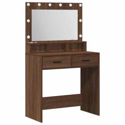 Image of vidaXL Brown Oak Wood Dressing Table/Vanity with Mirror and LED Lights Spacious Drawers for Bedroom
