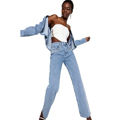 Image of Trendyol Womens High Waist Wide Leg Jeans Pants, Blue, 4 UK