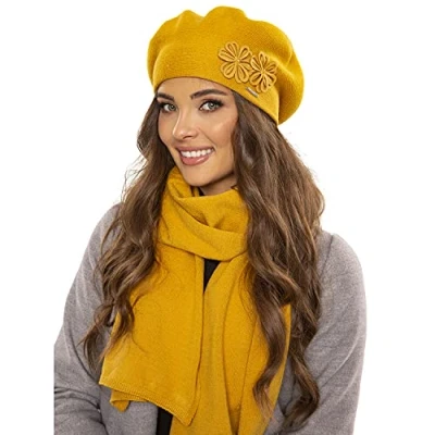 Image of Vivisence Elegant Women&#039;s Winter Set Including Classic Beret With Floral Decoration And Matching Long Warm Wool Scarf Ideal For Cold Autumn Days, Honey,UNI