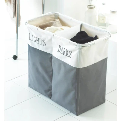 Image of Laundry Hamper Separate Lights Darks Clothes Sorter Folding 62cm Natural
