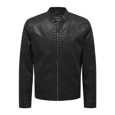 Image of Only &amp; Sons Onsmike Racer Jacket Faux leather jacket, Men&#039;s, Size: Small, Black
