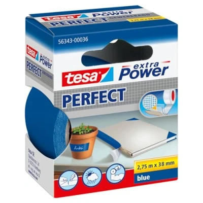 Image of tesa UK extra Power Perfect Cloth Tape Fabric Reinforced Repairing for Crafting, Repairing, Fastening, Reinforcing and Labelling Blue 2.75 m x 38 mm
