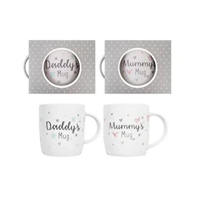 Image of YöL Mummy and Daddy Pack of 2 Mugs White New Bone China Drinks Parents Gift Set Coffee Tea Latte Cappuccino Mocha Newborn Keepsake