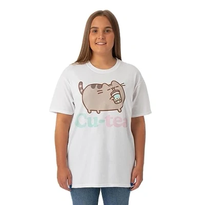 Image of Pusheen Women&#039;s T Shirt White Cu Tea Cat Graphic Tee for Ladies Short Sleeve Adorable Internet Crew Neck Top Comfortable &amp; Stylish Cute Daywear Merchandise Gift Adults