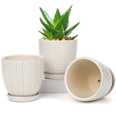 Image of Oairse 3PCS Plant Pots Indoor Ceramic Flower Round Garden Planters with Saucer Tray + Drainage Holes, Succulent Pot/Cactus Pot, 11CM