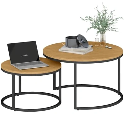 Image of HOMCOM 2 Pcs Stacking Coffee Table Set with Steel Frame, Brown Wood Effect