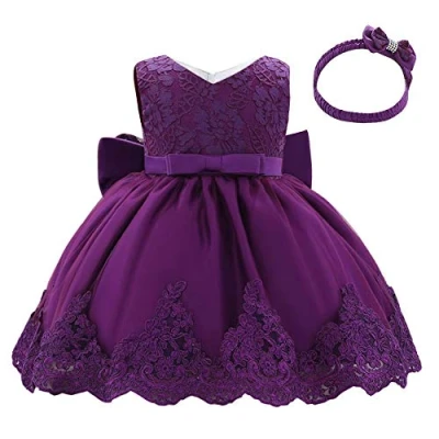 Image of Lito Angels Girls Flower Girl Bridesmaid Lace Dress with Headband Wedding Party Elegant Ball Gown Age 4 5 Years Dark Purple 426 (Tag Number 110)