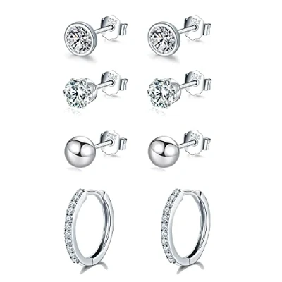 Image of wynn&#039;s Silver Earrings for Women, 925 Sterling Stud Earrings, Cubic Zirconia Small Sleepers Studs Hoops 4mm + 12mm Hoop 4 Pairs Earrrings set