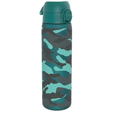 Image of ION8 500ml Water Bottle, BPA Free, Leakproof, Dishwasher Safe, Easy Open, Secure Lock, Clear Drinks Bottle for Boys &amp; Girls, Small Gym Sports Drinking 500ml, Aqua, Camo Design