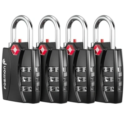 Image of Fosmon TSA Accepted Luggage Locks (4 Pack), Open Alert Indicator 3 Digit Combination Padlock Codes with Zinc Alloy Body for Travel Bag, Suit Case, Lockers, Gym, Bike (Black)