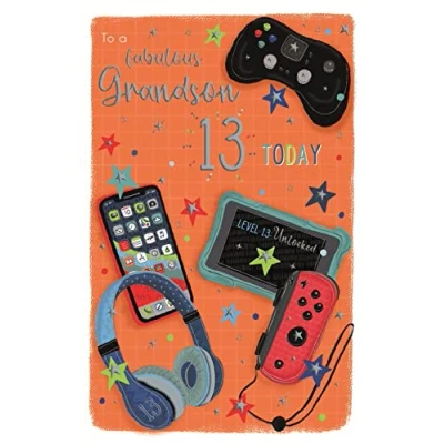 Image of ICG Grandson 13th Birthday Card For Boys Age 13 Gaming Technology, Mobile Phone and Headphones Embossed with Silver Foil Stars Made in the UK