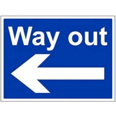 Image of V Safety Way Out, Arrow Left Sign 400mm x 300mm Self Adhesive Vinyl