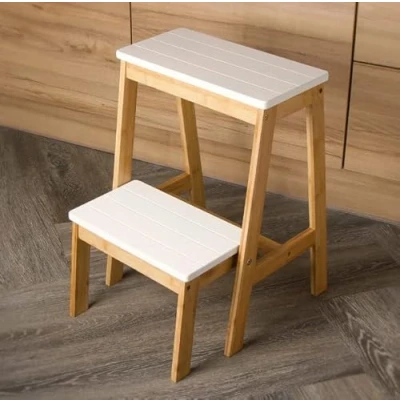 Image of Wooden Step Stool 2 Step, Lightweight with Widened Platform Folding Foldable Foldaway Household Ladder for Kitchen Wood Finish
