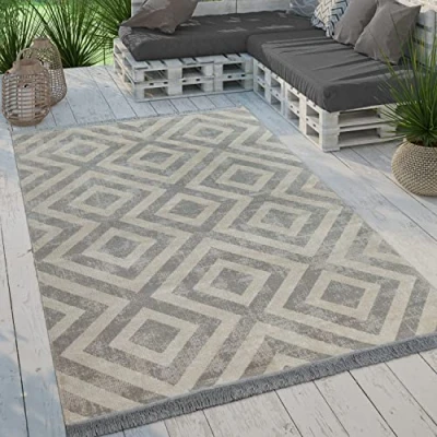 Image of Paco Home Indoor &amp; Outdoor Rug Flat Weave With Modern Diamond Pattern For Terrace And Balcony, Size:160x220 cm, Colour:Yellow White