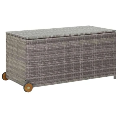 Image of vidaXL Garden Storage Box Weather resistant Poly Rattan and Acacia Wood Light Grey With Wheels Indoor/Outdoor Use