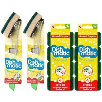 Image of 2X Fillable Washing up Brush and Sponge Bundle Easy Grip Dish Cleaner with 8X General Purpose Refills