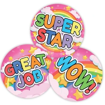 Image of Stone Melon School Reward Stickers 144 Well Done Rainbow Star 30mm Round Pink Awards Nursery Teachers Parents Children Kids
