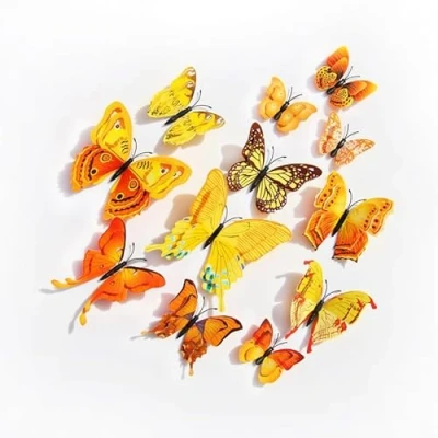 Image of 3D Butterfly Wall Sticker, Double Layer Butterfly, Refrigerator Bedroom Party Wedding Decoration, Room Decoration (Yellow, 12)