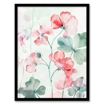 Image of Artery8 Red Pastel Geranium Flowers Modern Watercolour Living Room Artwork Framed Wall Art Print A4