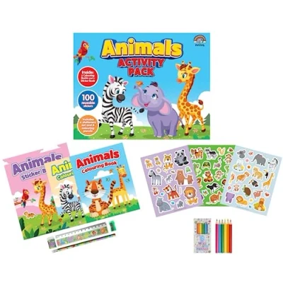 Image of Anila&#039;s Animals Activity Pack with Colouring Books, Sticker book, Stationery Set, Pencils &amp; 100 Reusable Stickers.(Perfect for children aged 3 8).