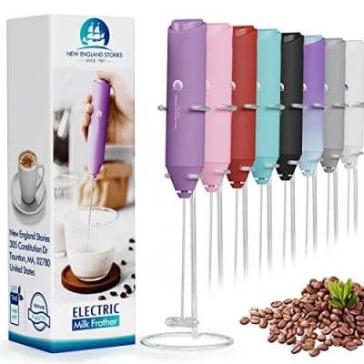 Image of Electric Milk Frother Handheld, Battery Operated Whisk Beater Foam Maker for Coffee, Cappuccino, Latte, Matcha, Hot Chocolate, Mini Drink Mixer, With Stand, Light Purple