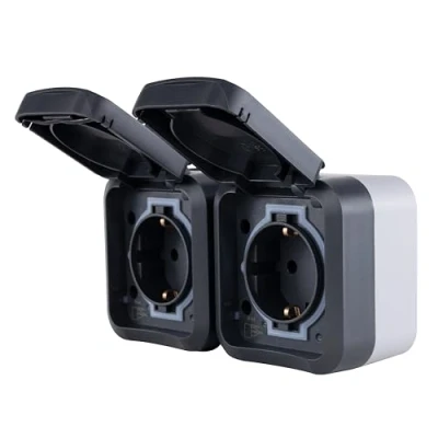 Image of REV 0004090400 AquaStorm Double Socket Wet Room Socket, IP44, Two Pole, Surface Mounted Horizontal, Anthracite