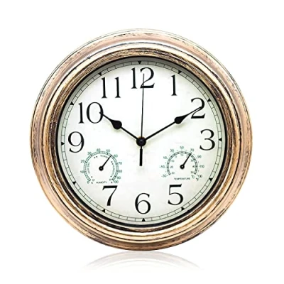 Image of SENRN Garden Clock Outdoor Waterproof with Thermometer Hygrometer 12 Inch Vintage Metal Wall for Patio Yard Ancient Bronze