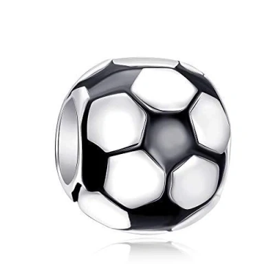 Image of Football Charm with Black Enamel 925 Sterling Silver Soccer Ball Sports Bead Fits European Bracelet