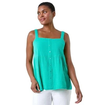 Image of Roman Womens Cotton Button Through Shirred Vest Top Green Size 12 UK