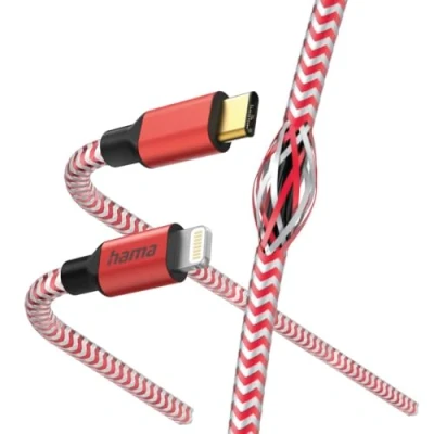Image of Hama Charging Cable Reflective USB C to Lightning, Nylon, 1.5 m (iPhone Cable, Lightning iPad Pro Air mini, MFI Certified) Red