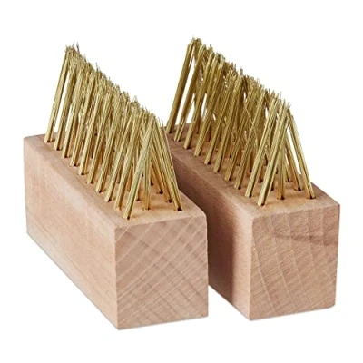 Image of Relaxdays Joint Brush Set of 2, Wire Brushes, Replacement Heads, Weeding, Moss Removal, Wall, Natural/Brass Plated