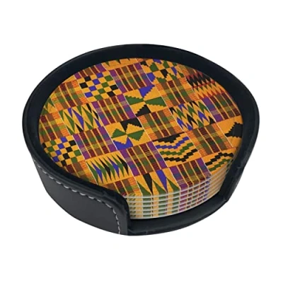 Image of Round Coasters, Ghana Kente,Mugs Pad Cups Mat Set of 6 Leather Drinks Coasters with Holder